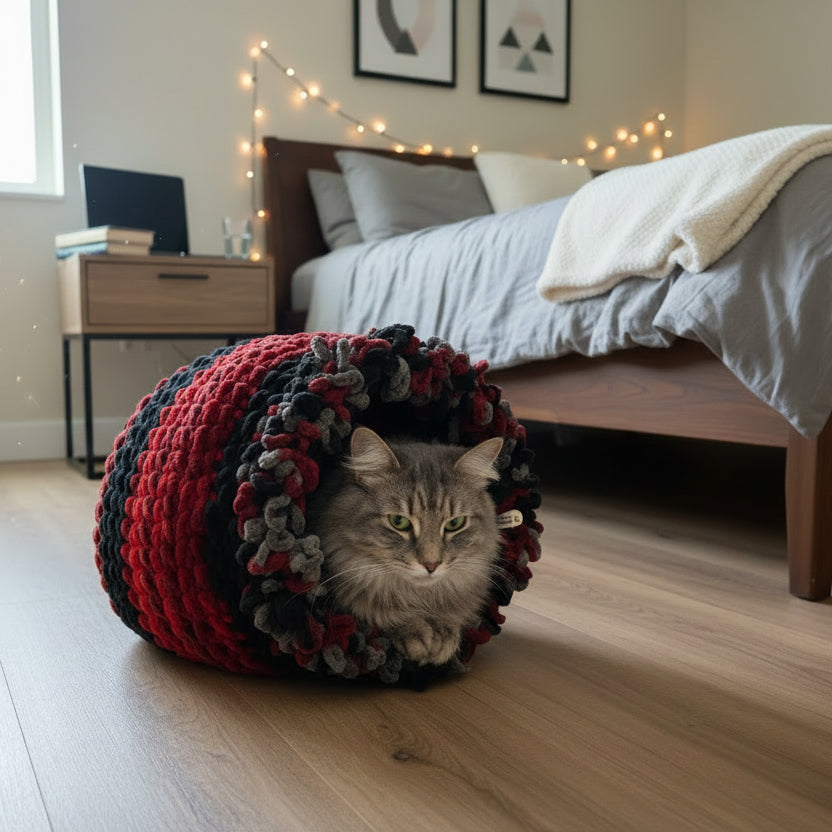 A AI generated photo of a cat in a barrel cat cave on the floor of a bedroom 