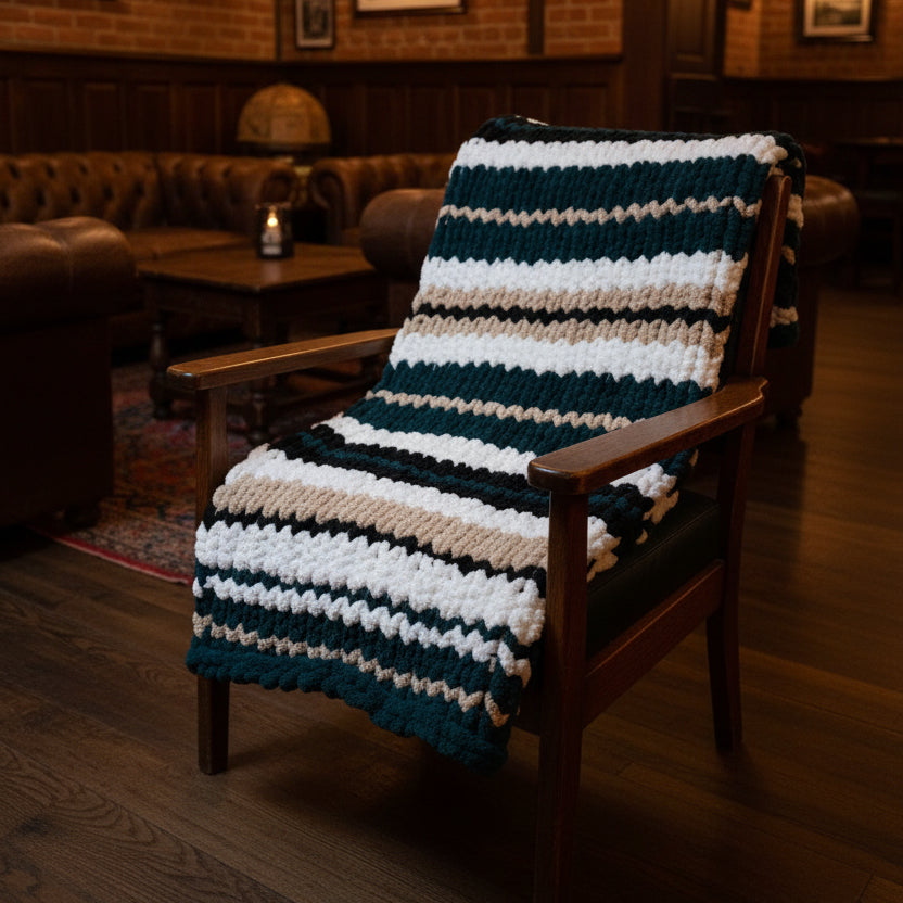 Photo of irish inspired blanket draped over lounge chair in old world pub. 