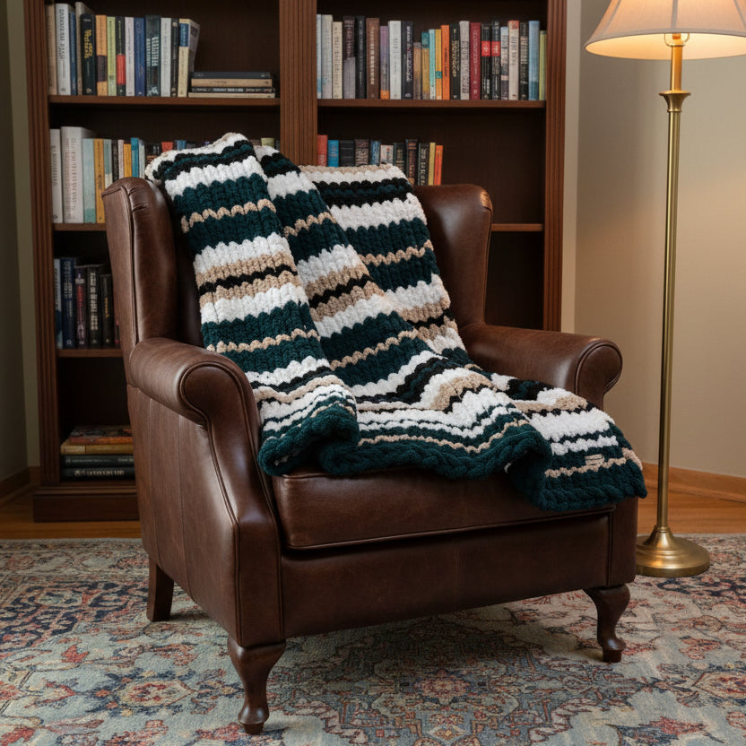 Photo of a green, tan, white and black blanket draped over a brown chair.