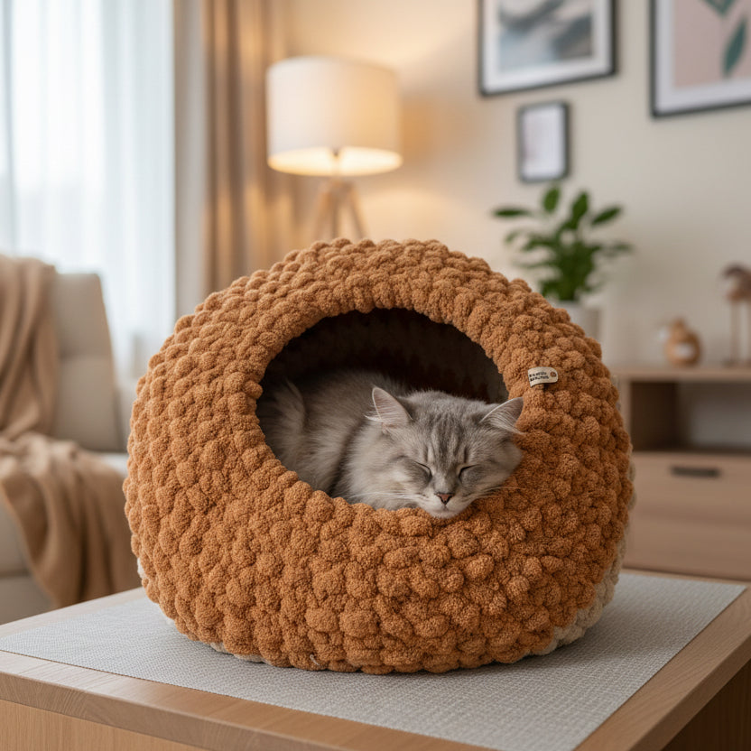 An AI generated photo of a gray cat inside beehive cat cave