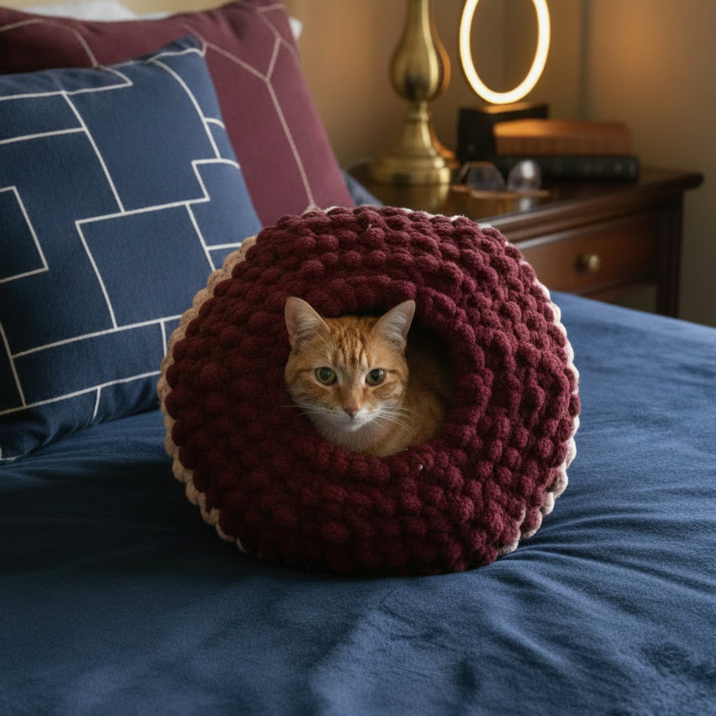 A photo of cat cave with AI generated bedroom and cat