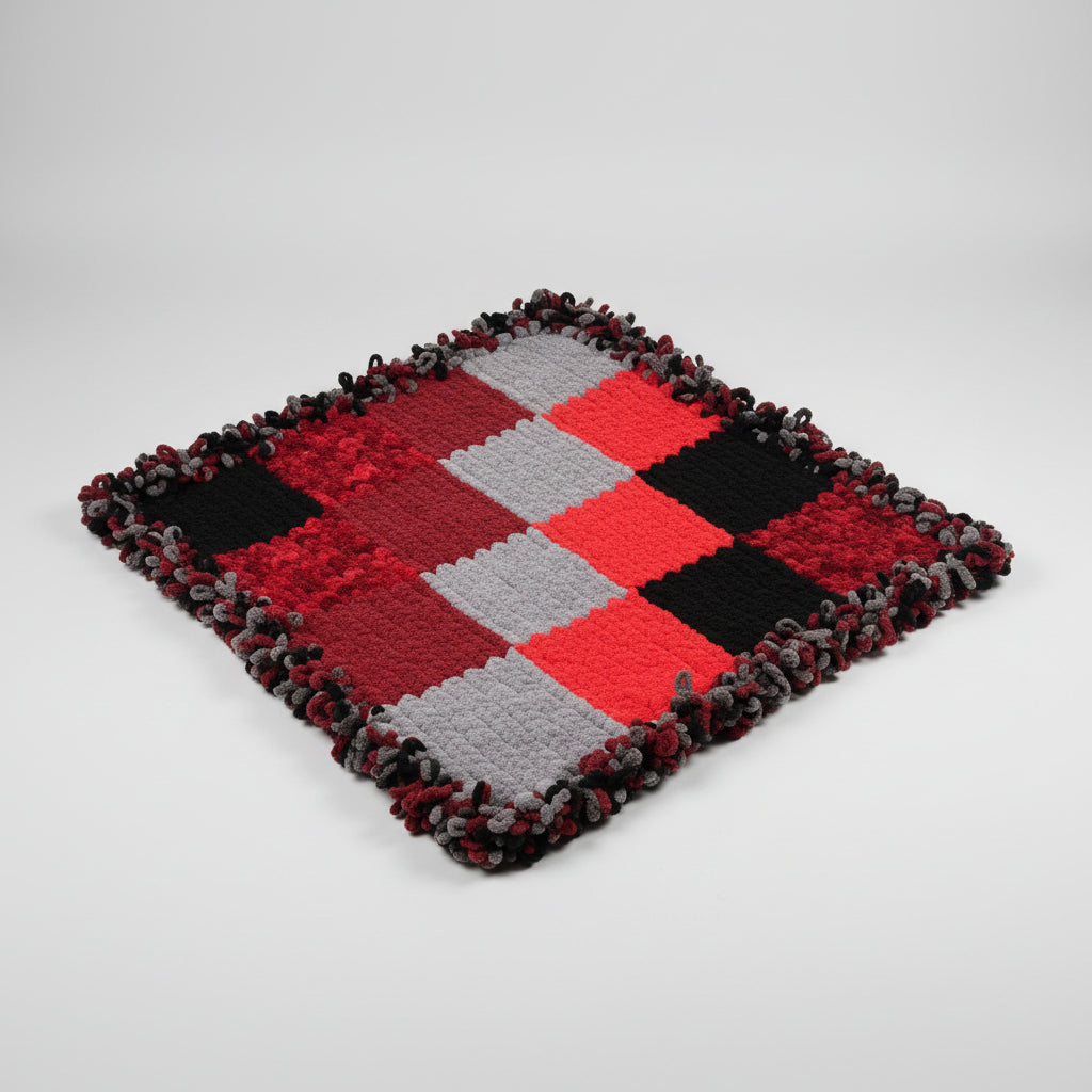 A photo of a red and black patchwork toddler blanket