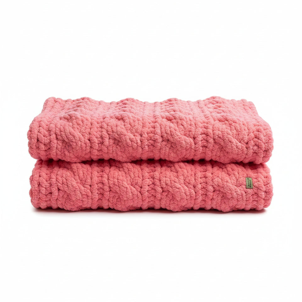 Photo of folded pink twisted cable baby blanket
