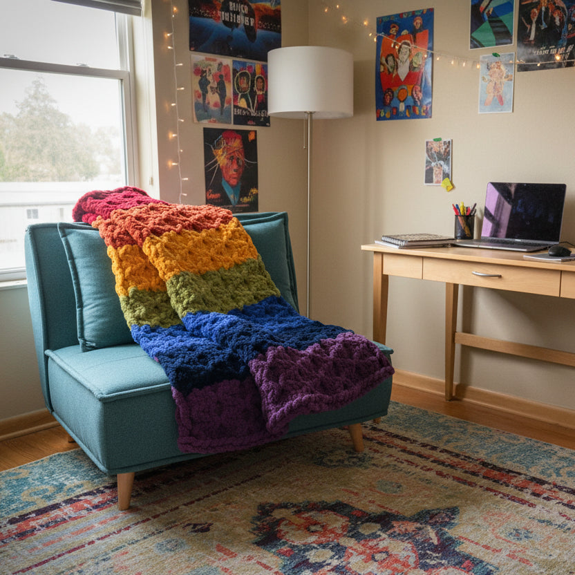 A photo of a textured pattern rainbow blanket on a teal chair in a bedroom