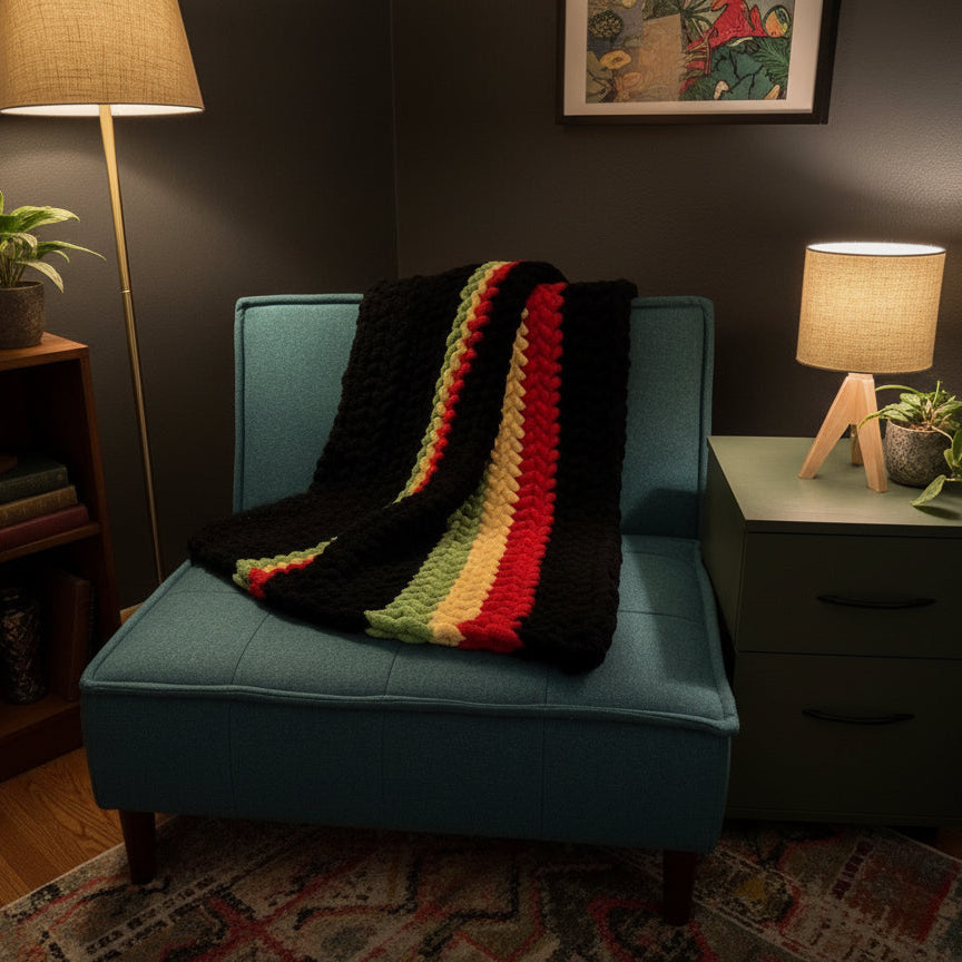 Generated photo of Rasta inspired blanket draped over a chair
