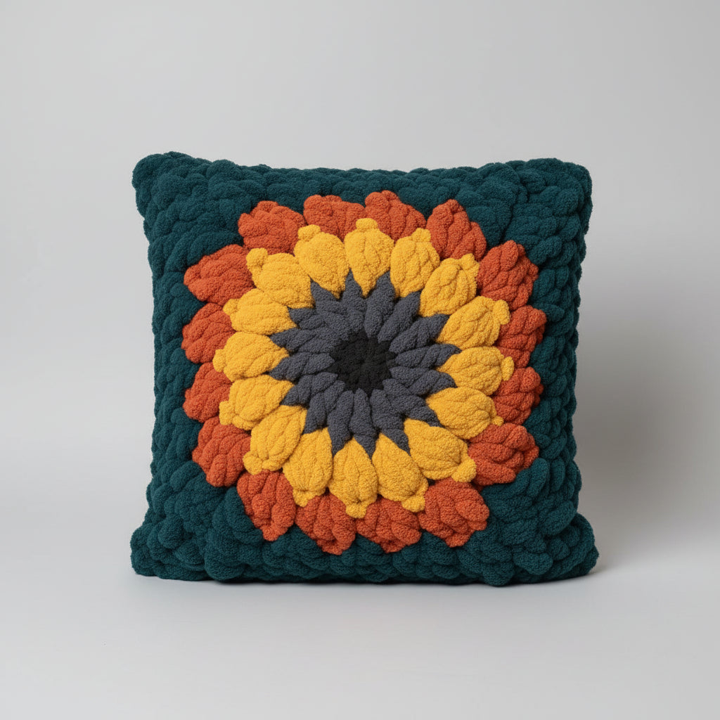 A photo of a sunflower granny square pillow