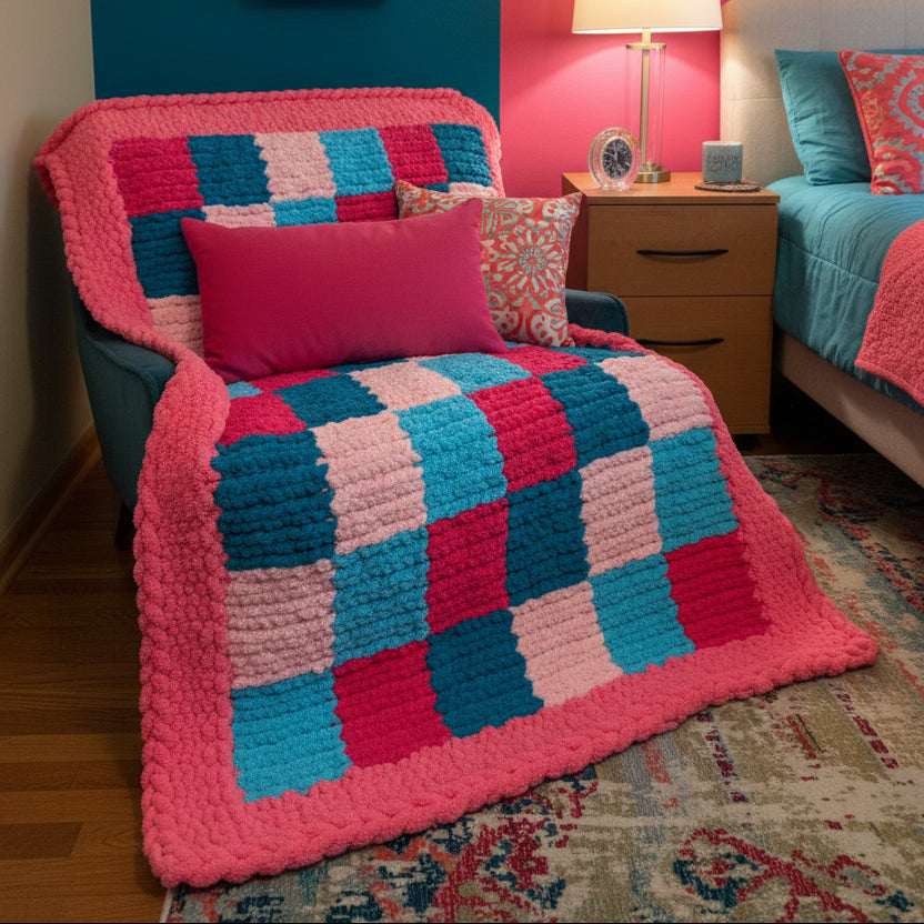 An photo of a pink, teal, light pink, light blue and medium pink patchwork blanket in a colorful bedroom