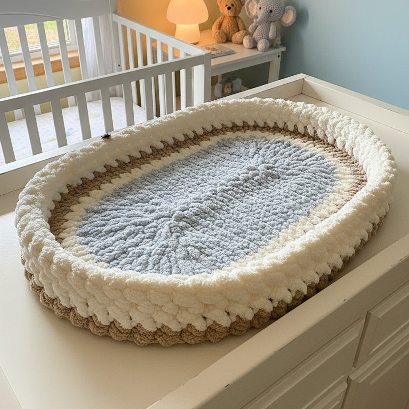 A photo of a bassinet mat on a changing table in a baby's nursery