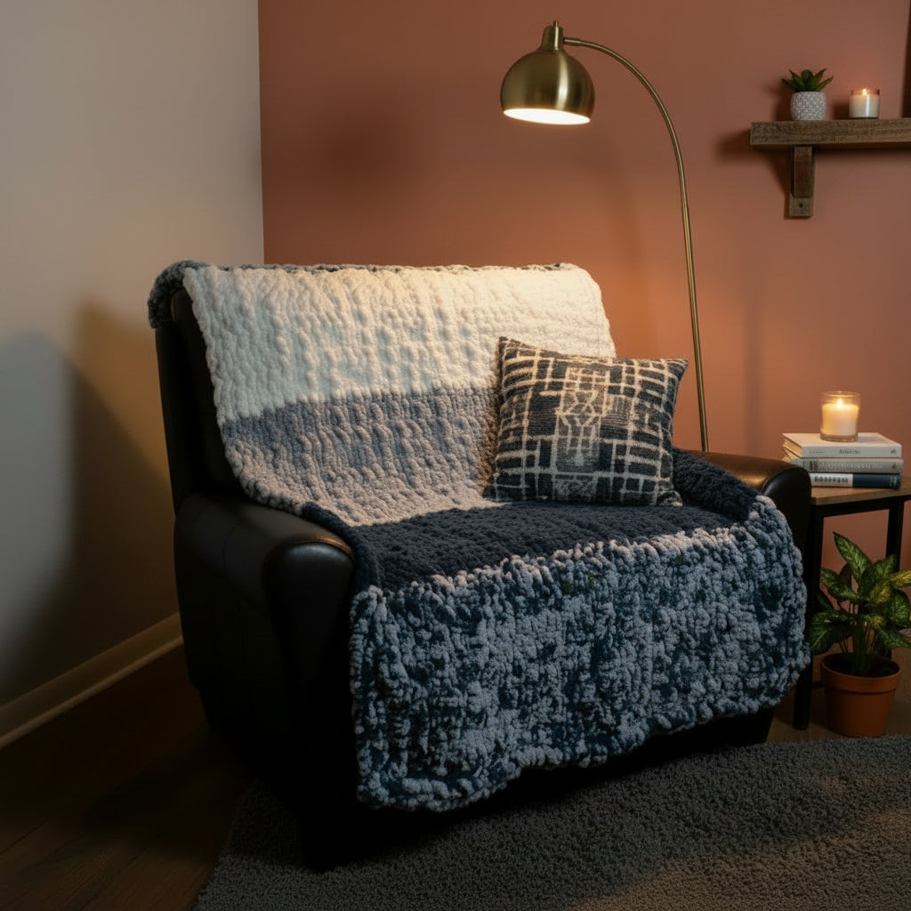 A photo of a blue, light blue, white and blue speckled blocked blankie draped over a black chair