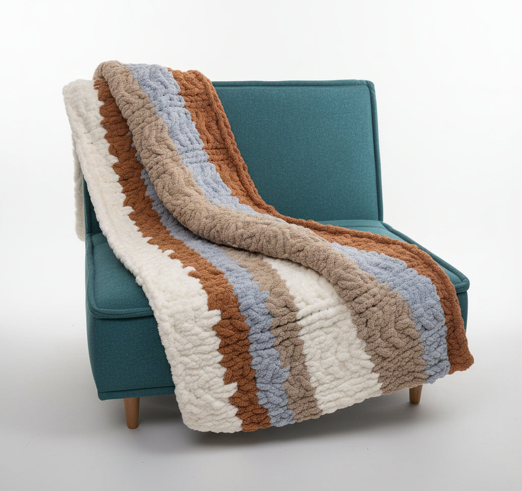 Photo of a striped blue, tan, latte and cream end-of-bed for a full blanket