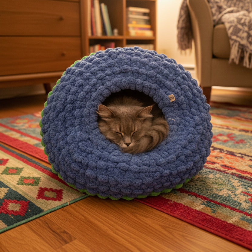 A photo of a blue cat cave with an AI generated cat and background
