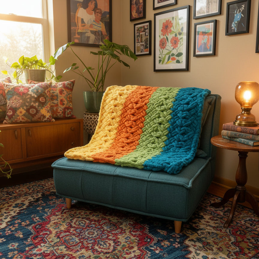 Colorful striped blanket draped over a blue ottoman against a beige wall.