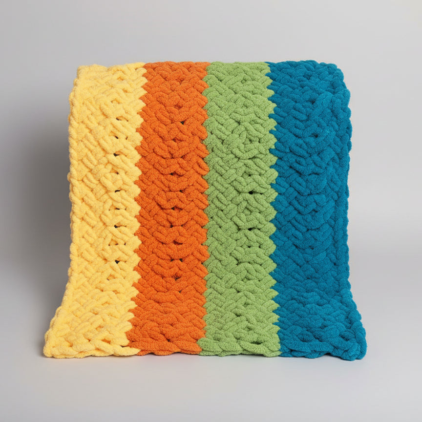 A studio photo of a colorful striped lap blanket in a criss cross mixed with honeycomb pattern