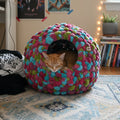 An AI photo of an orange cat in colorful cat cave on the floor of teenage bedroom