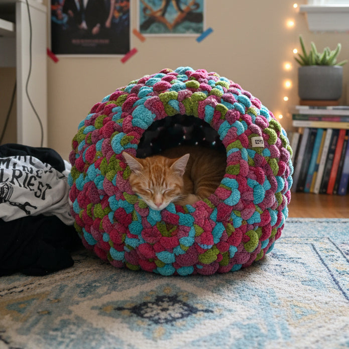 An AI photo of an orange cat in colorful cat cave on the floor of teenage bedroom