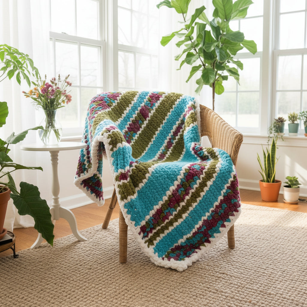 An AI photo of colorful blankie draped on a chair in a sunroom