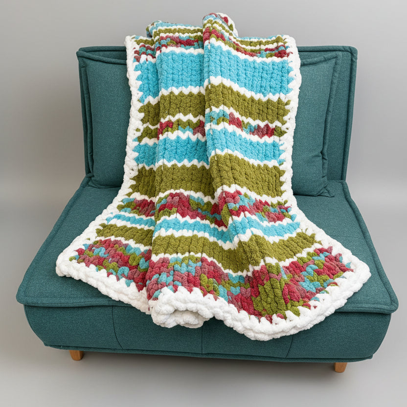 A photo of a colorful blankie on a teal chair