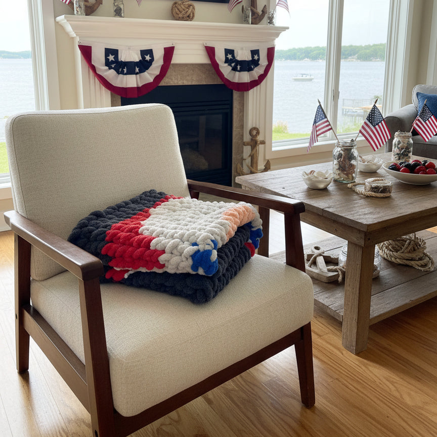 A photo of a patriotic colored gnome graph knitted blanket on a neutral chair