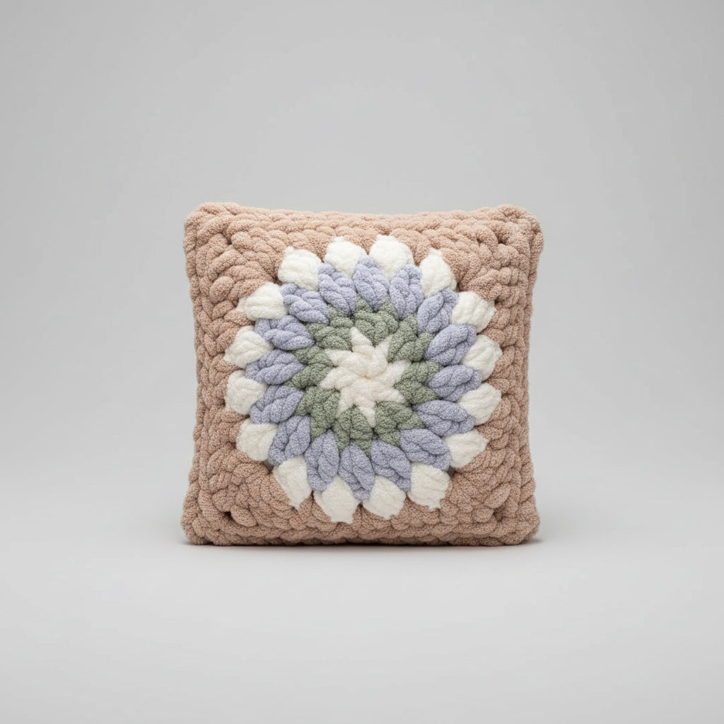 A photo of a granny square pillow reverse side