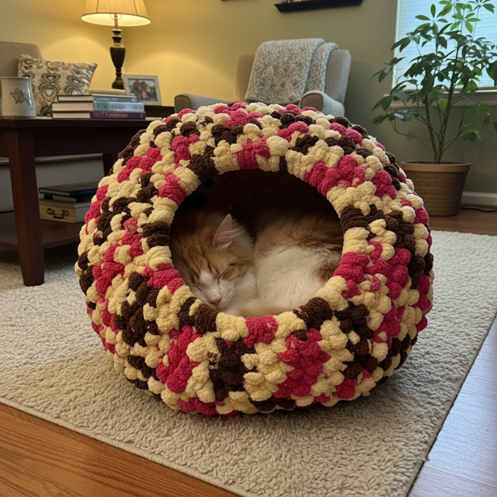 A photo of a large multicolor cat cave with an AI generated cat and background of a living room
