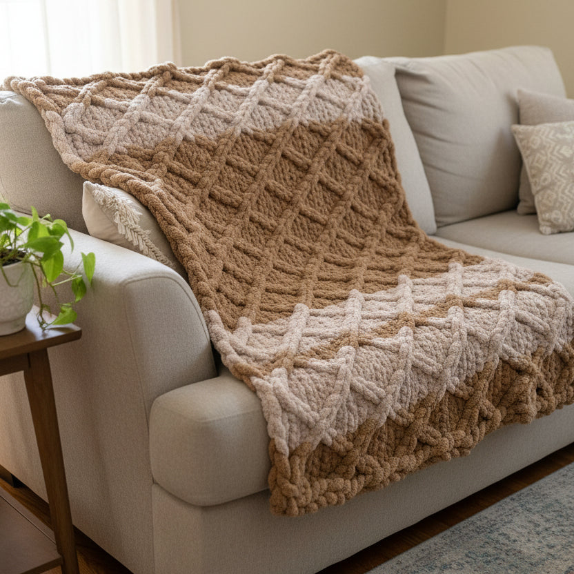 A AI photo of olive cable lattice throw draped over a couch