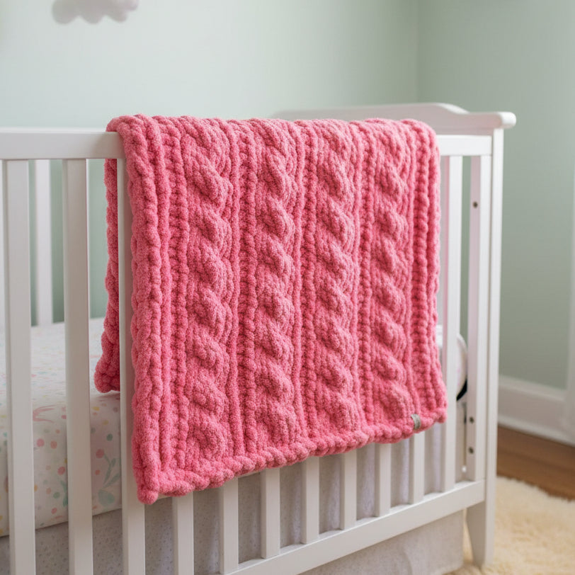 Photo of Pink knit baby blanket draped over crib rail