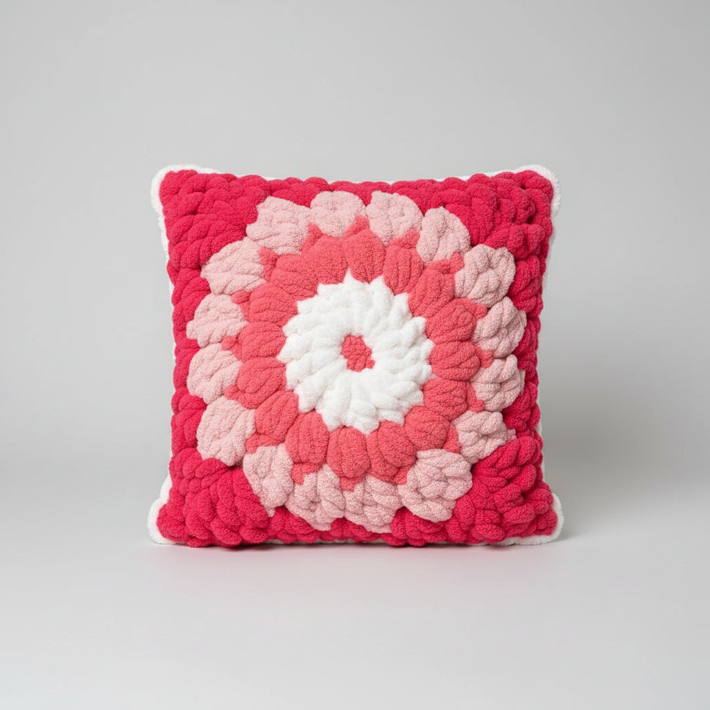 A photo of a pink granny square pillow