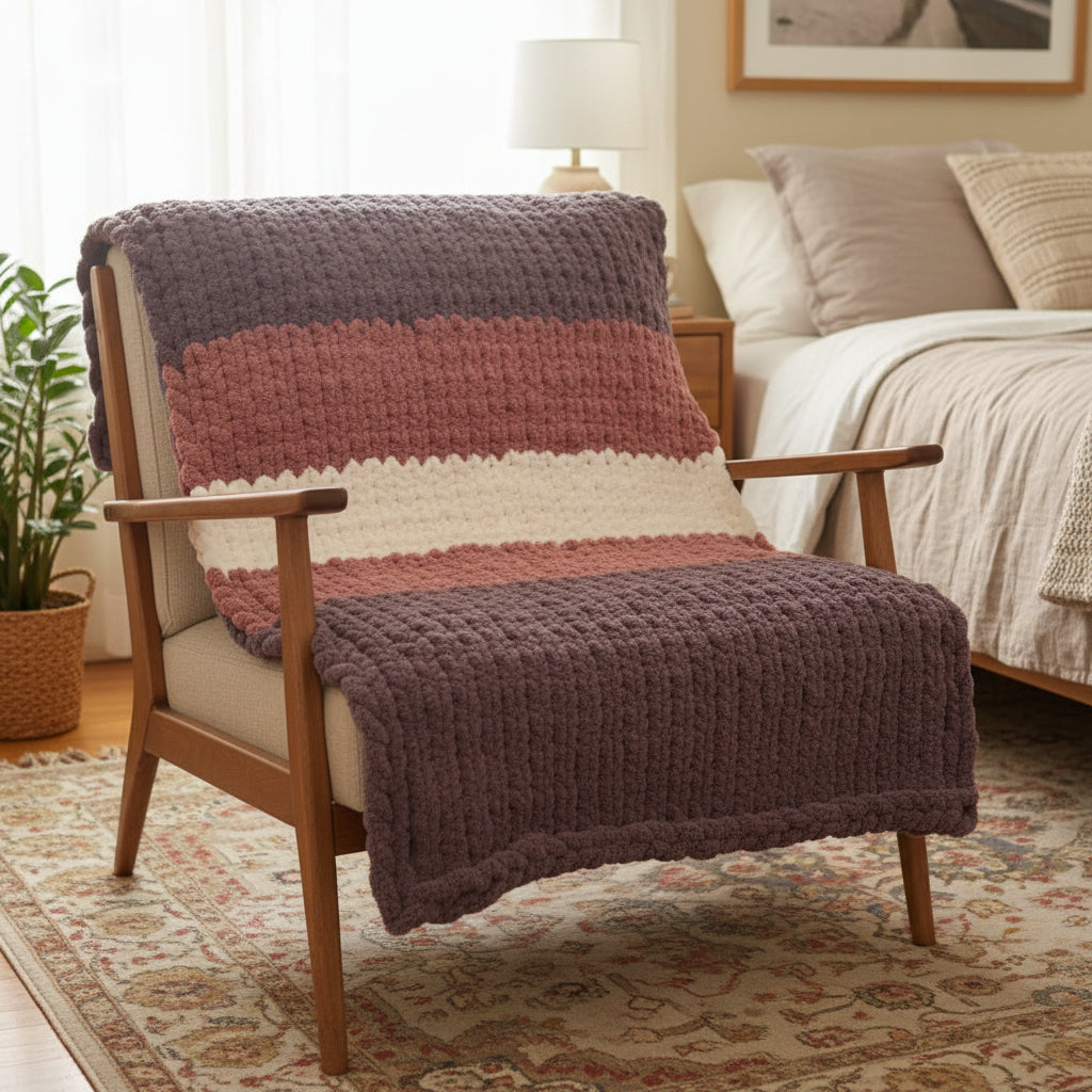 AI generated photo of purple blanket on a wooden chair in a bedroom