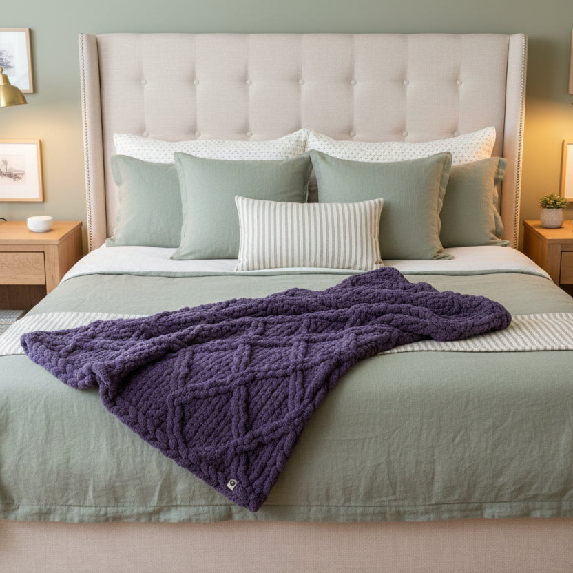A Photo of a purple knitted blanket draped over the end of a bed in a sage and cream bedroom setting