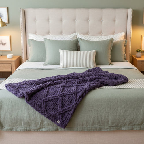 A Photo of a purple knitted blanket draped over the end of a bed in a sage and cream bedroom setting