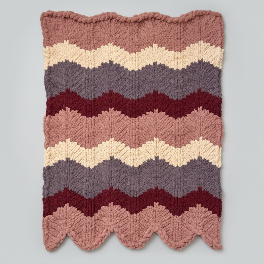 A photo of a rose gold, maroon, tan and dusty purple scalloped blankie. 