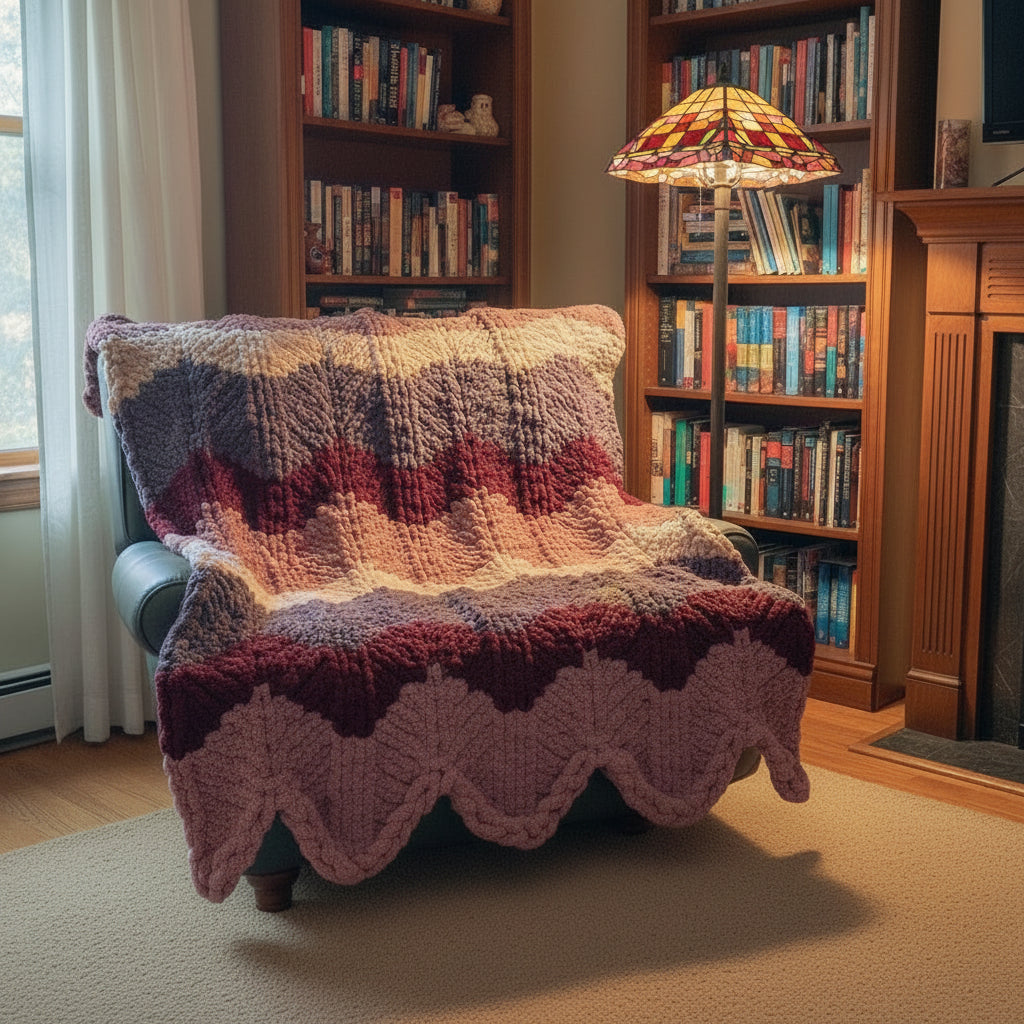 An AI generated photo of scalloped blanket in a study draped on a gray leather chair. 