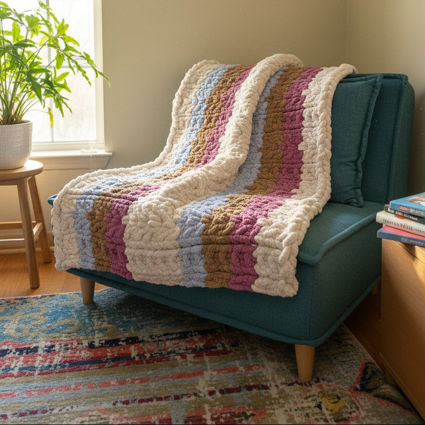Photo of a spring colored chunky yarn blanket draped over a teal chair