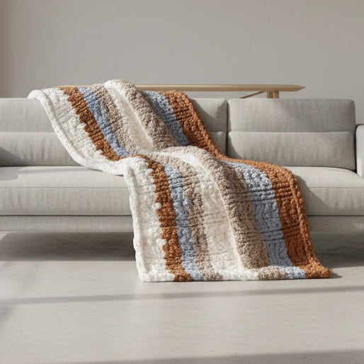 Photo of blue, tan and latte colored blanket draped over a couch