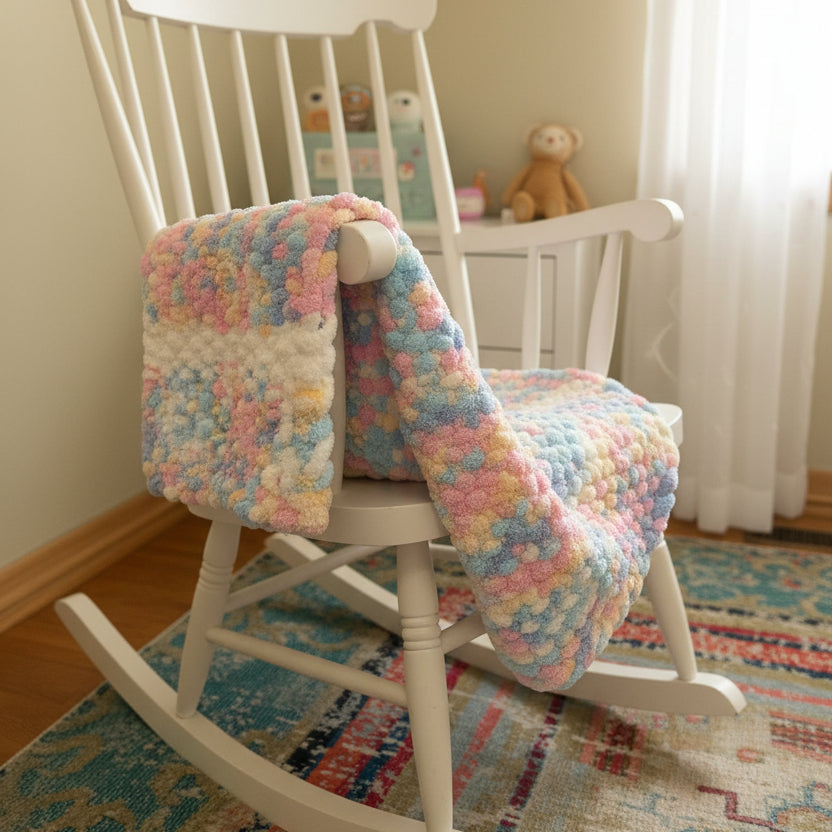 A photo of a baby blanket hanging over a rocking chair arm.