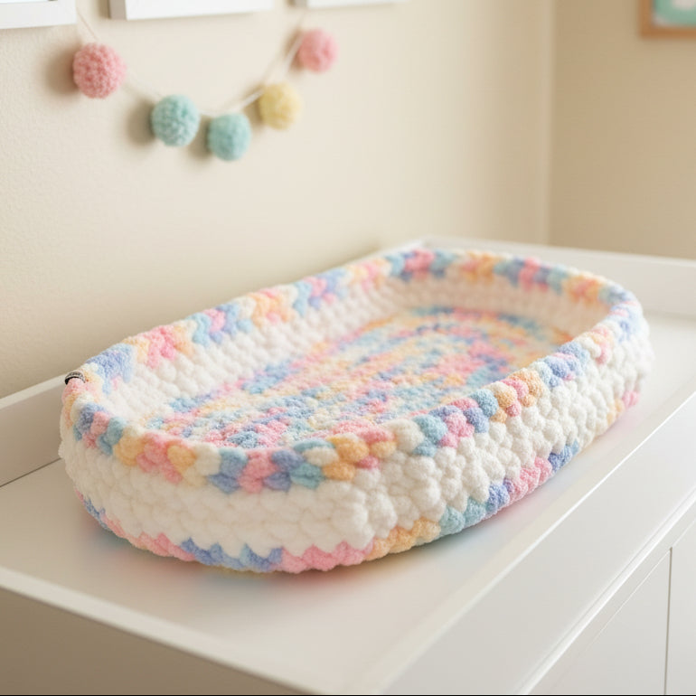 AI generated photo of unicorn colored bassinet mat on changing table