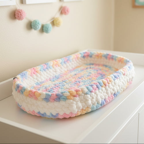 AI generated photo of unicorn colored bassinet mat on changing table